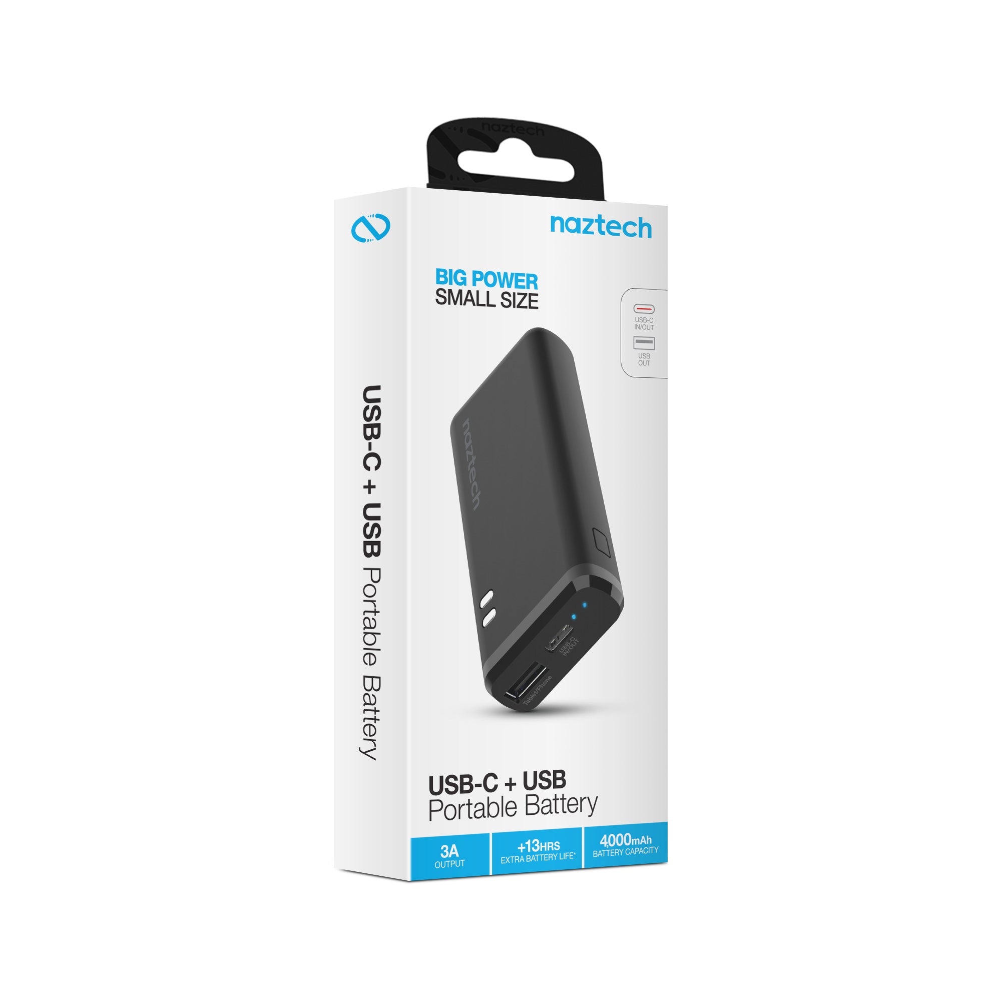 Naztech 4000mAh USB-C + USB Power Bank with 13 Hours Battery Life