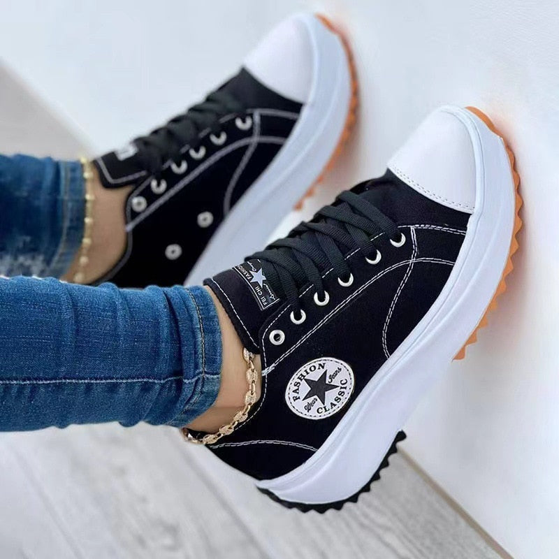 Flat Lace-Up Sneakers Pattern Canvas Casual Women Sport Shoes