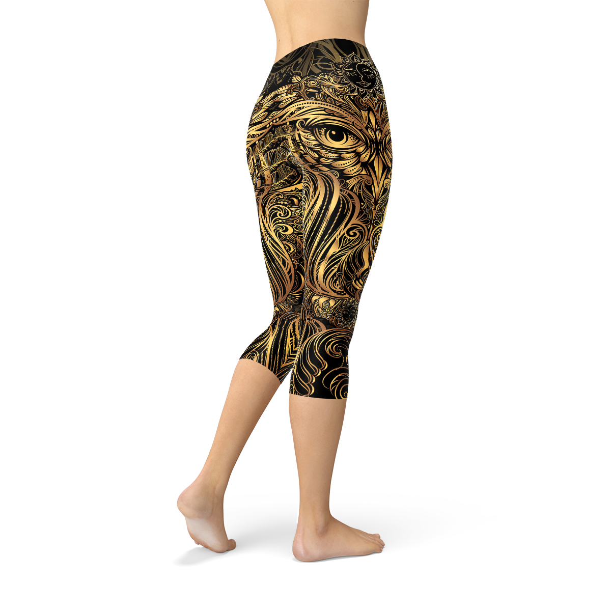 Womens Golden Ornament Owl Capri Leggings