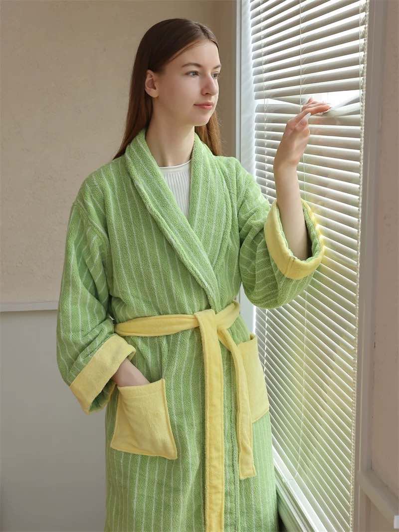 Ultra Soft Dopamine Stripe Bathrobe - 100% Organic Long-stapled Cotton